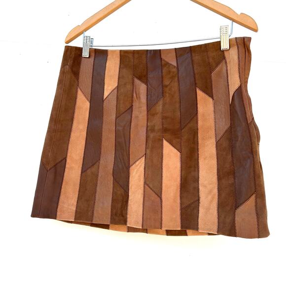 Frame Patchwork Mini Skirt Saddle Suede Leather Brown Tan Shirt Size 29 - Picture 7 of 12